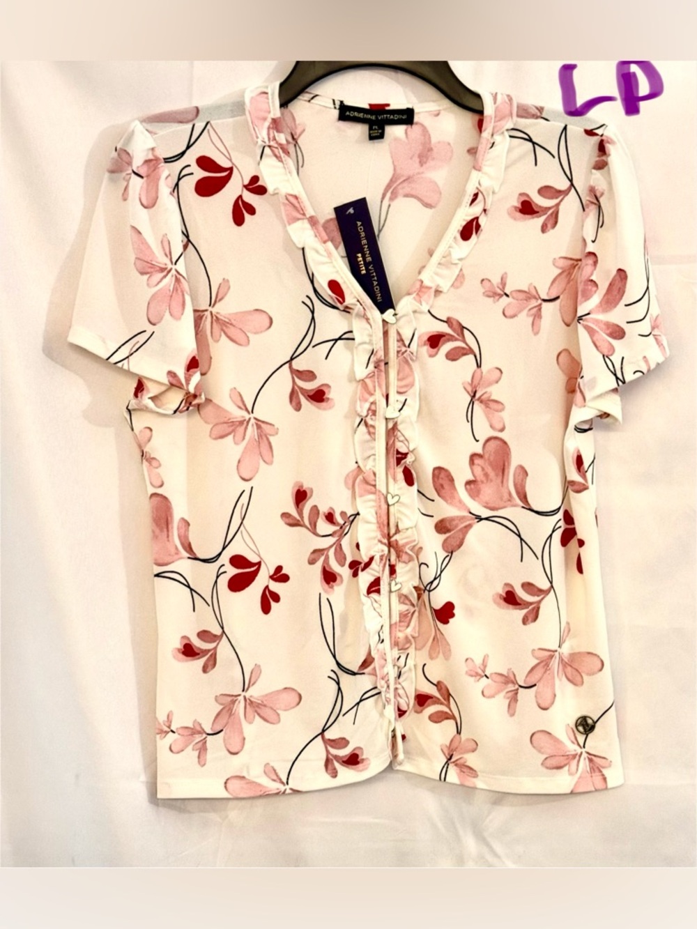 Adrienne Vittadini Cream Floral Ruffle Front Top